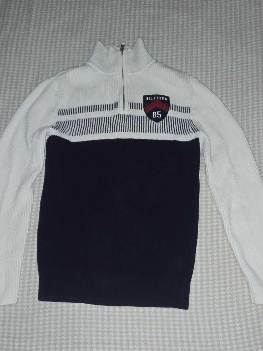 Tommy Hilfiger Men’s Zip-Up Sweater in White, Navy & Red Shield